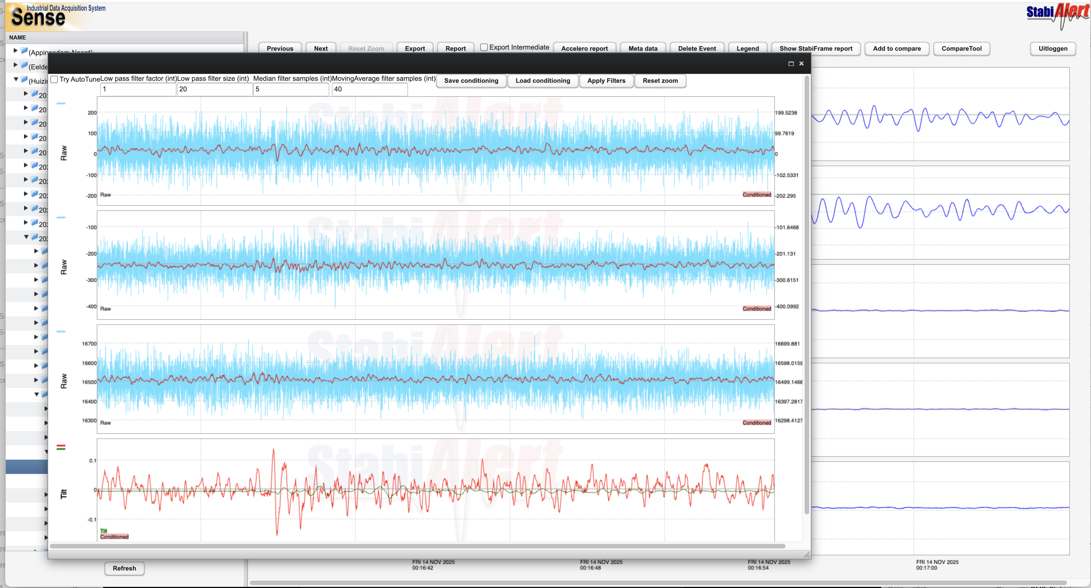 OnlineQMS-rapport met ruwe en geconditioneerde accelerometerdata
